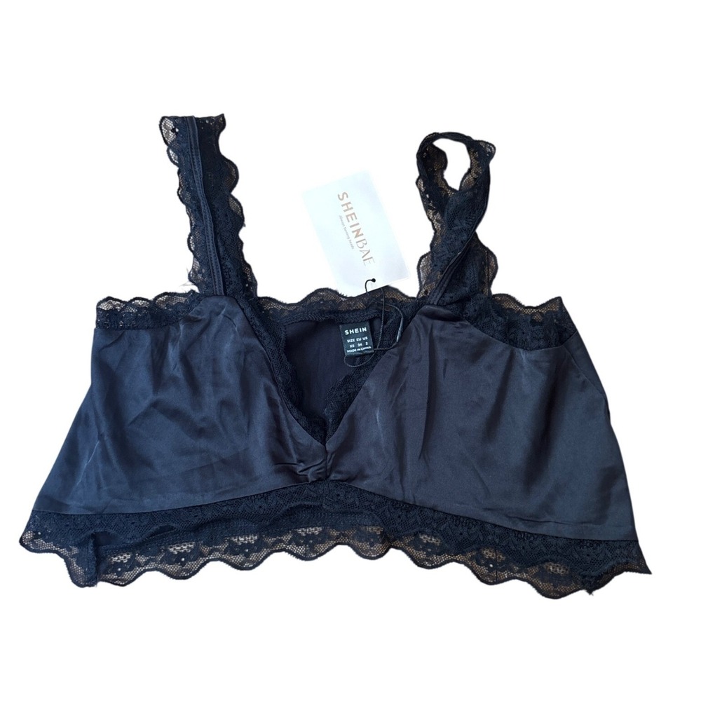 SHEINBAE Lace Trim Cami Top Women Black Satin Boho Cropped NWT SIZE XS